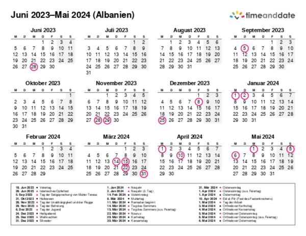 Kalender für 2023 in Albanien