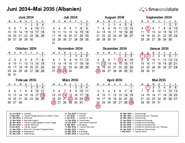 Kalender für 2034 in Albanien
