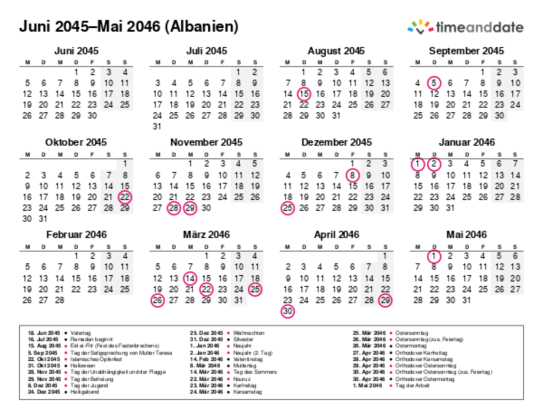 Kalender für 2045 in Albanien