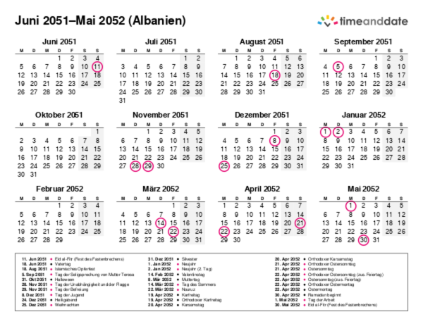 Kalender für 2051 in Albanien