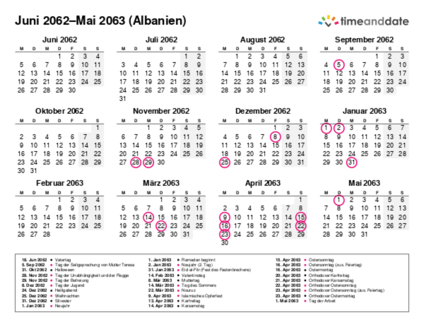 Kalender für 2062 in Albanien