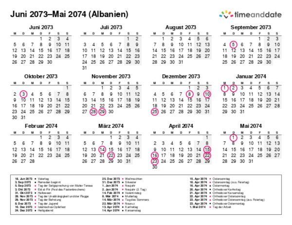 Kalender für 2073 in Albanien