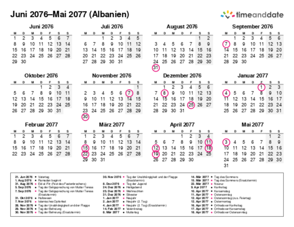 Kalender für 2076 in Albanien