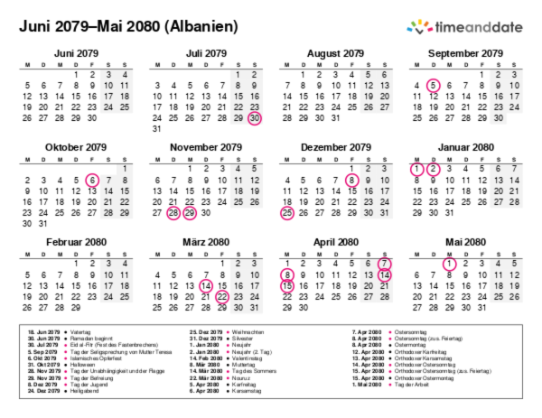 Kalender für 2079 in Albanien