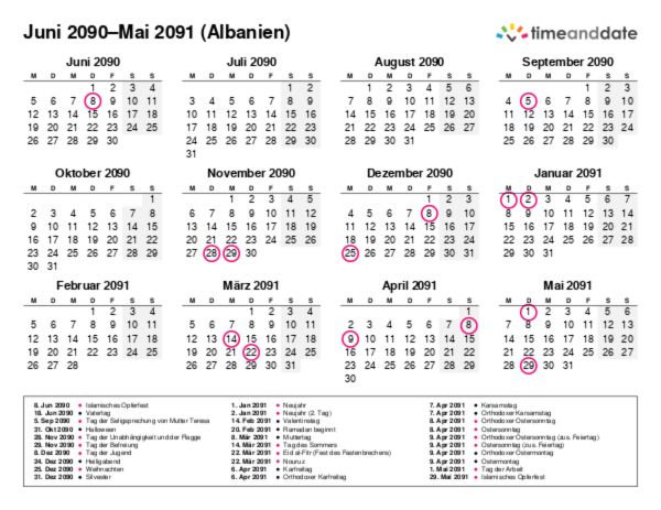 Kalender für 2090 in Albanien