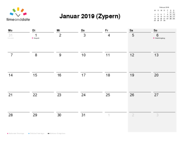 Kalender für 2019 in Zypern