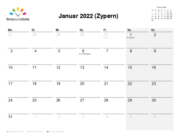 Kalender für 2022 in Zypern