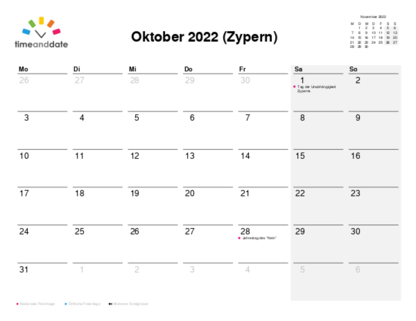 Kalender für 2022 in Zypern