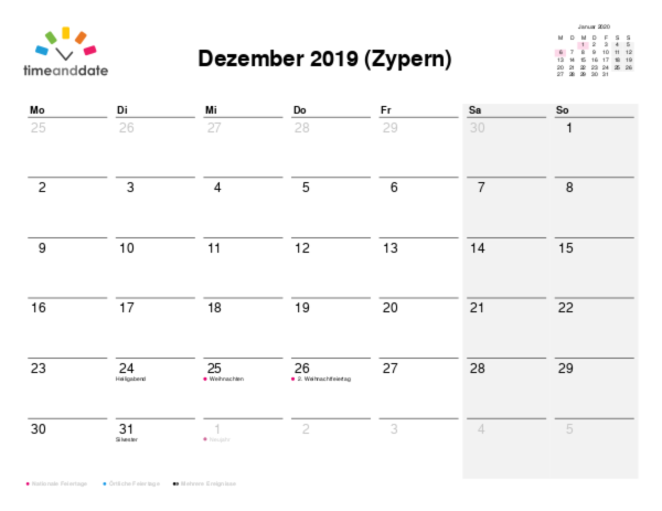 Kalender für 2019 in Zypern