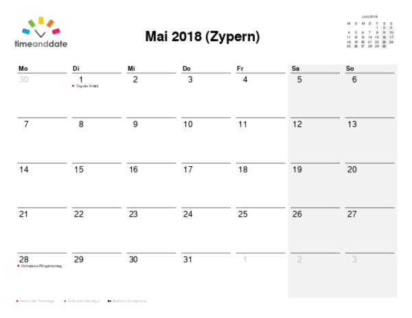 Kalender für 2018 in Zypern