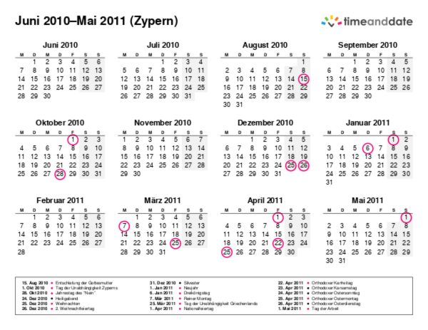 Kalender für 2010 in Zypern