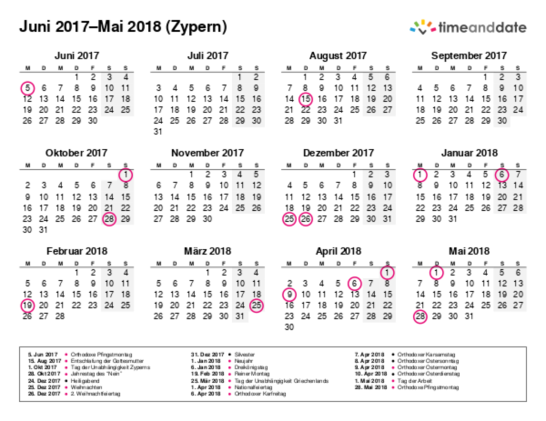 Kalender für 2017 in Zypern
