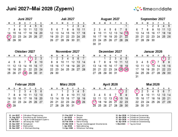 Kalender für 2027 in Zypern