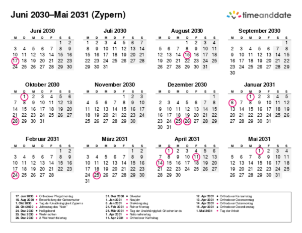 Kalender für 2030 in Zypern