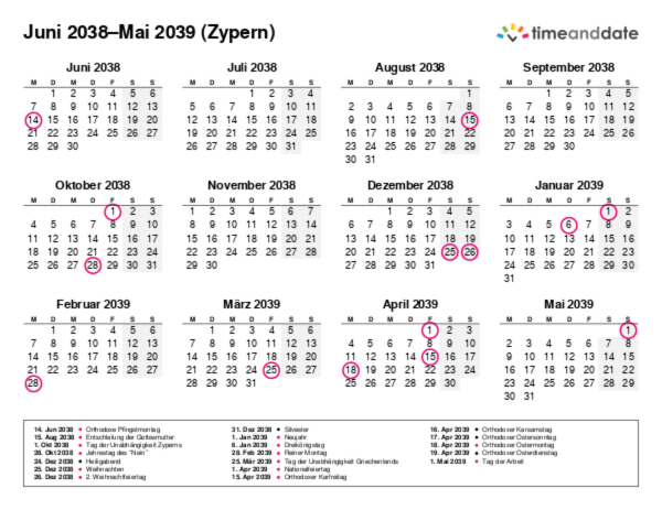 Kalender für 2038 in Zypern