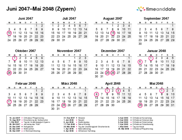 Kalender für 2047 in Zypern