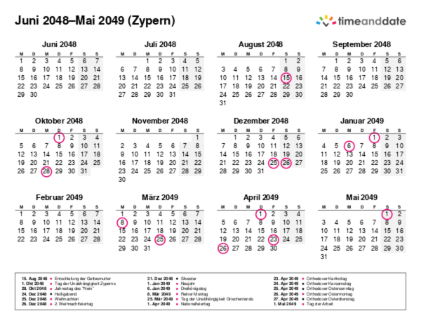 Kalender für 2048 in Zypern