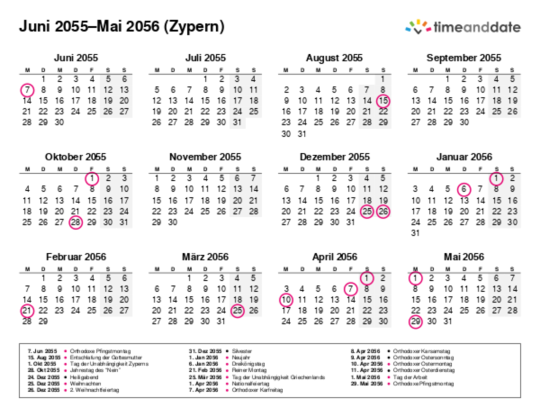 Kalender für 2055 in Zypern