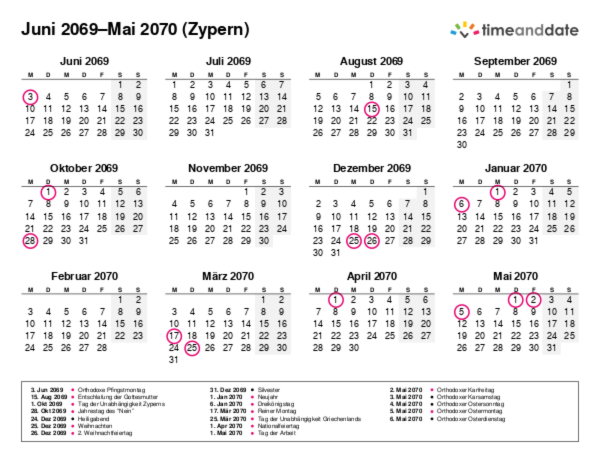 Kalender für 2069 in Zypern