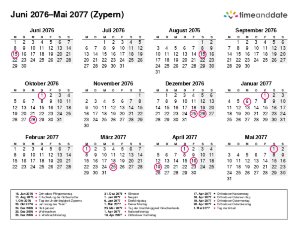Kalender für 2076 in Zypern