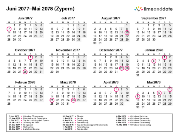 Kalender für 2077 in Zypern