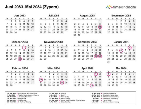 Kalender für 2083 in Zypern