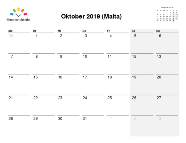 Kalender für 2019 in Malta
