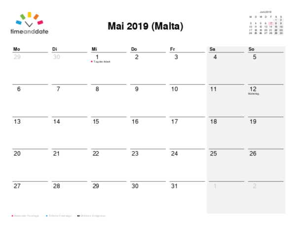 Kalender für 2019 in Malta