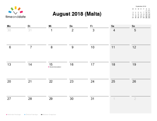 Kalender für 2018 in Malta