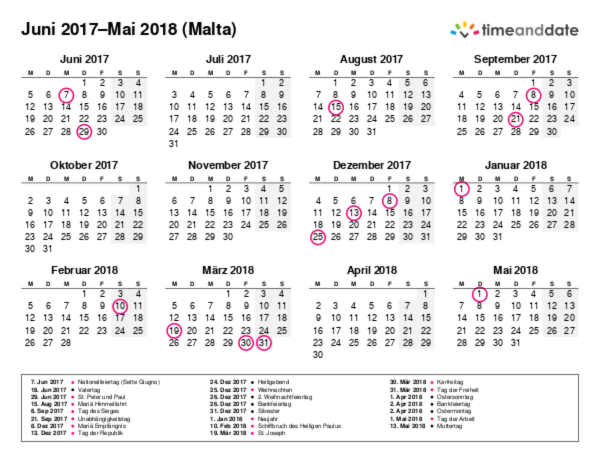 Kalender für 2017 in Malta