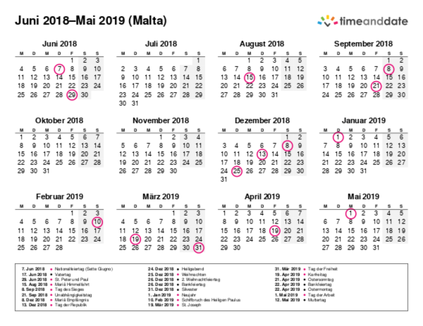 Kalender für 2018 in Malta