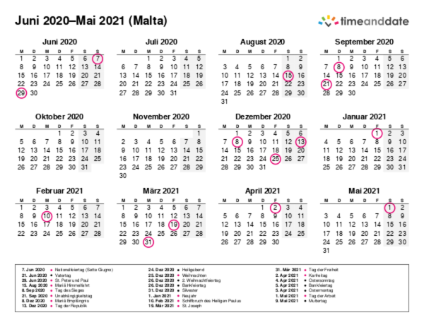 Kalender für 2020 in Malta