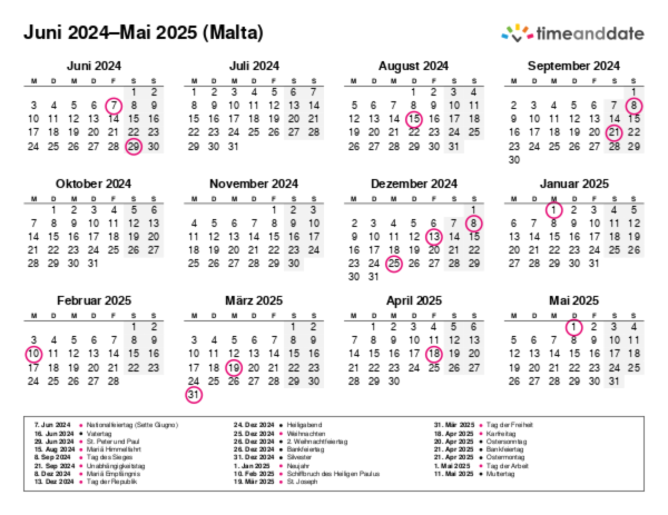 Kalender für 2024 in Malta