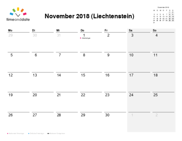 Kalender für 2018 in Liechtenstein