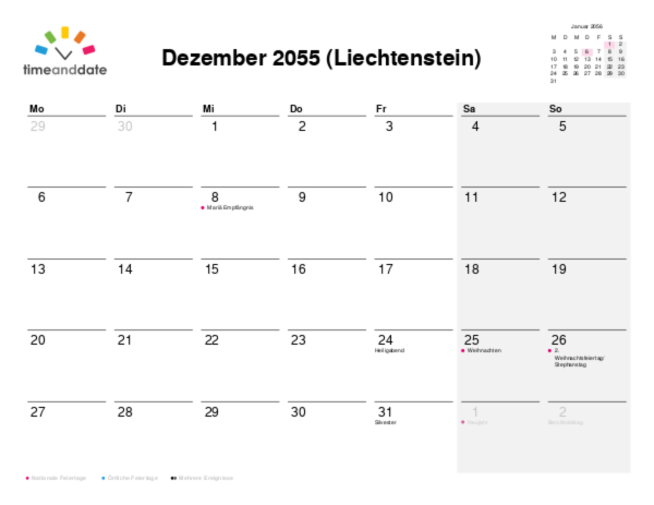 Kalender für 2055 in Liechtenstein