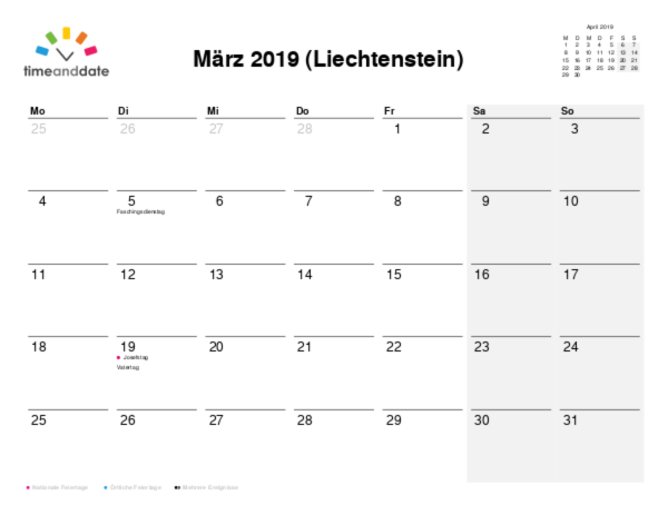 Kalender für 2019 in Liechtenstein