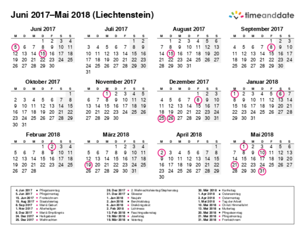 Kalender für 2017 in Liechtenstein