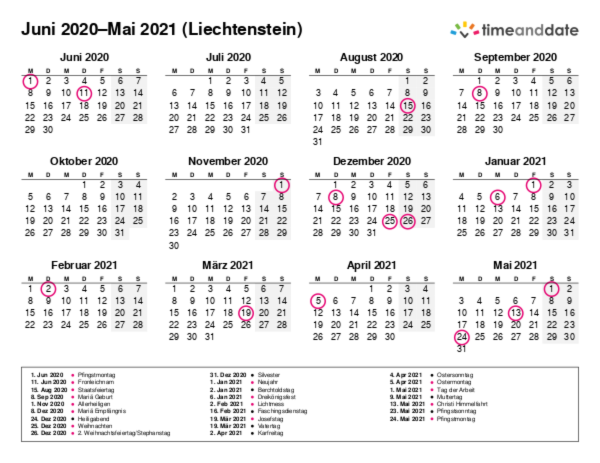 Kalender für 2020 in Liechtenstein