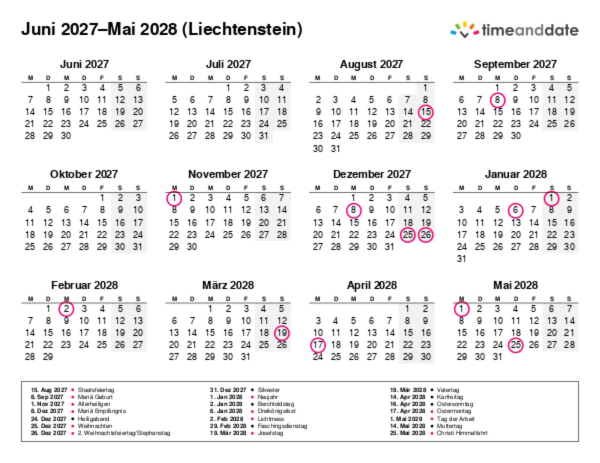 Kalender für 2027 in Liechtenstein