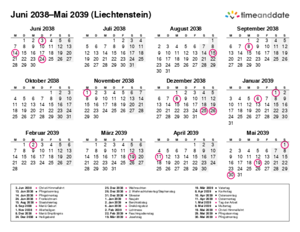 Kalender für 2038 in Liechtenstein