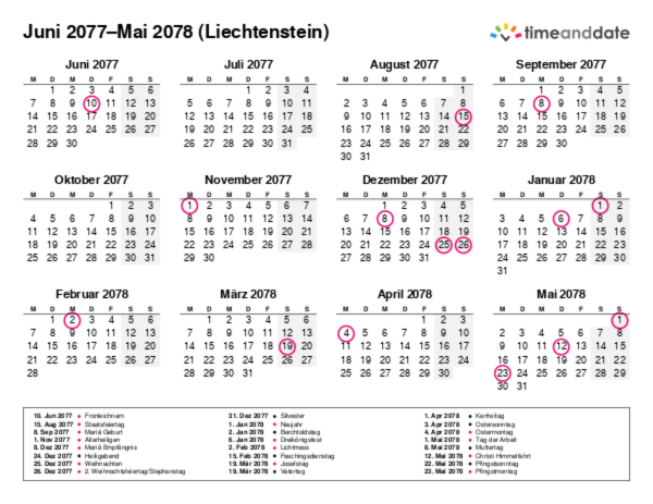 Kalender für 2077 in Liechtenstein