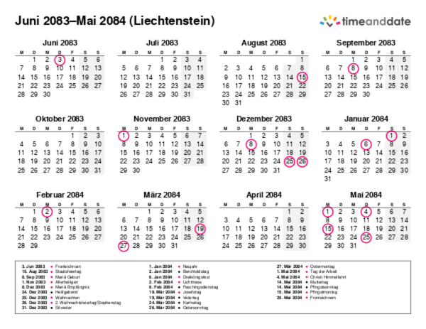 Kalender für 2083 in Liechtenstein
