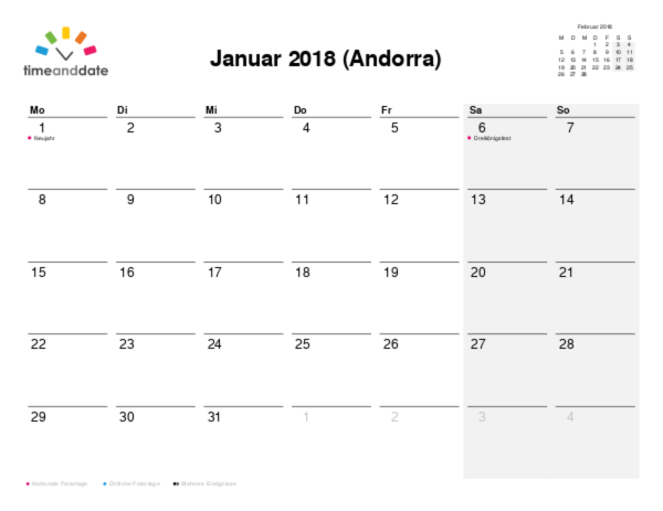 Kalender für 2018 in Andorra