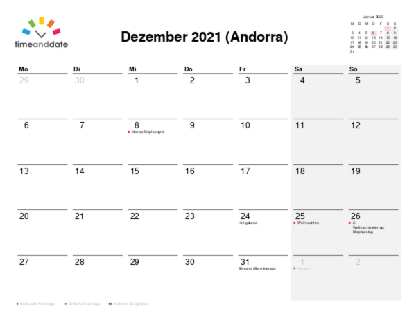 Kalender für 2021 in Andorra