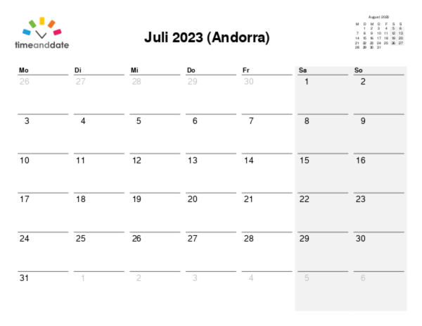 Kalender für 2023 in Andorra