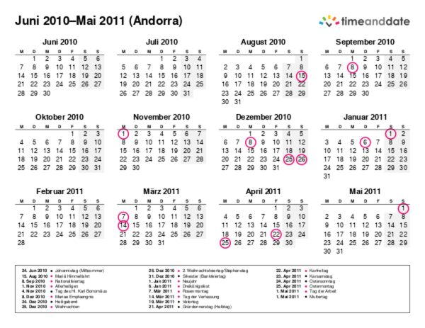 Kalender für 2010 in Andorra