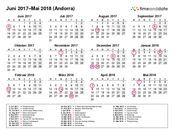 Kalender für 2017 in Andorra