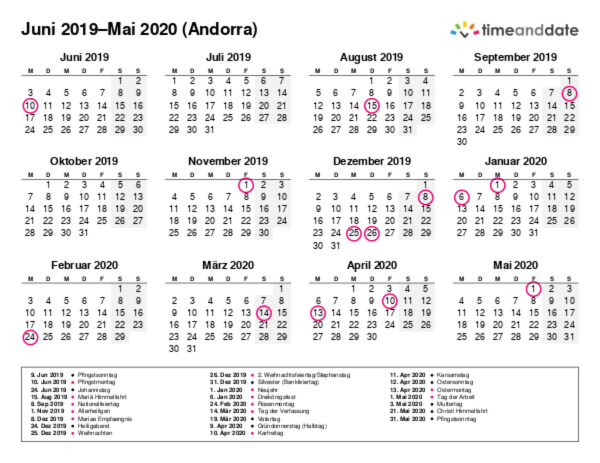 Kalender für 2019 in Andorra