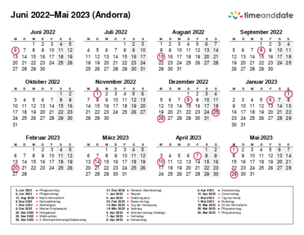 Kalender für 2022 in Andorra