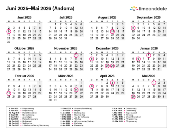 Kalender für 2025 in Andorra